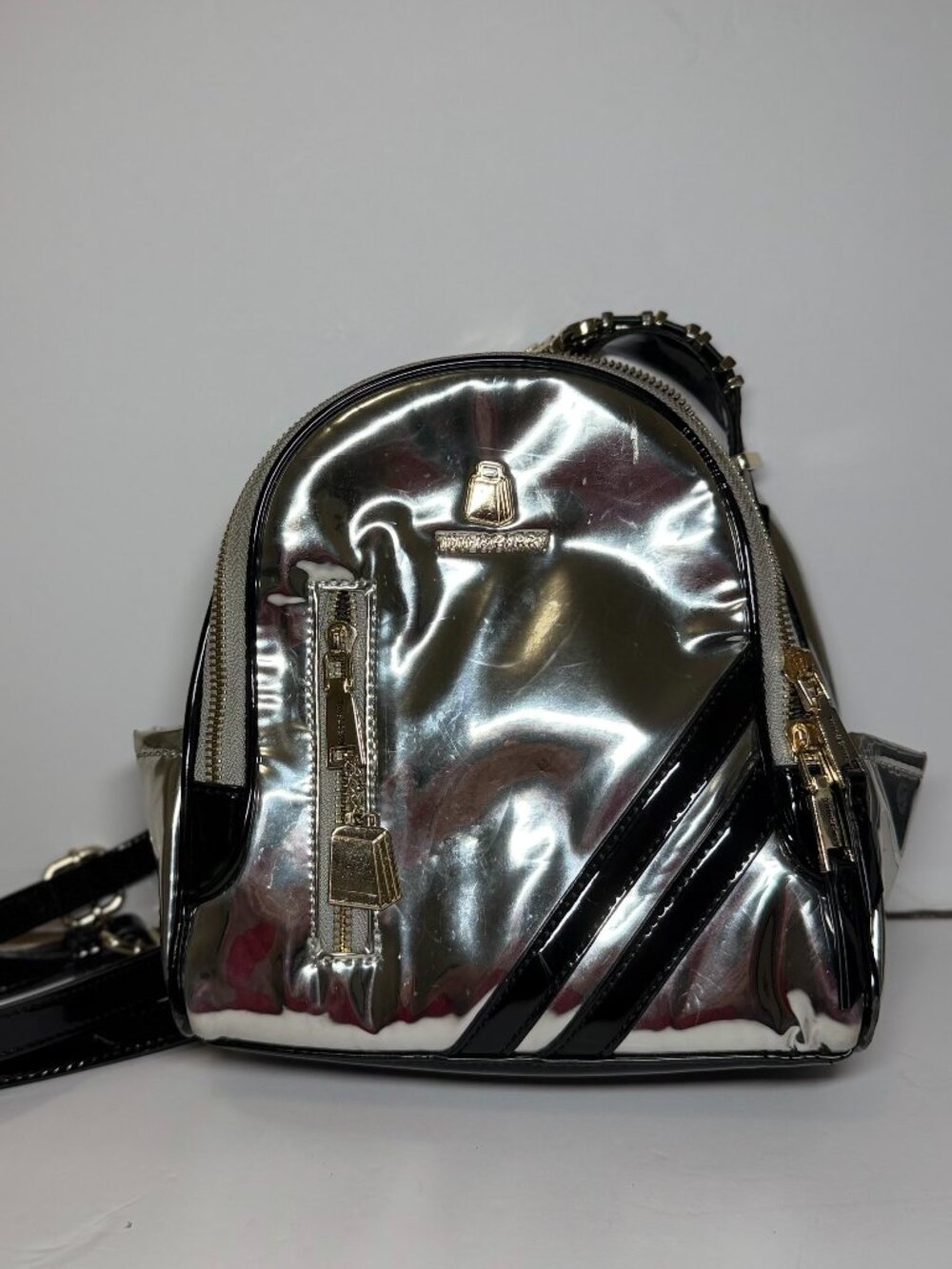 Tote & Carry Metallic Silver Mini Backpack with Black Stripes - Rare/Eye-Catchin